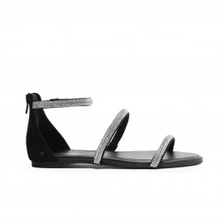 Sandália Arezzo Rasteira Nobuck Strass Zíper Preto / Prata
