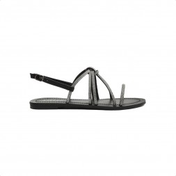 Sandália Arezzo Rasteira Tiras Strass Fivela Preto / Prata
