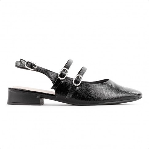 Sapato Ramarim Slingback Salto Baixo Feminino Preto / Prata
