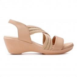 Sandália Usaflex Anabela Elástico Tiras Entrelaçadas Feminina Bege