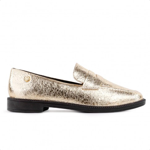 Mocassim Via Uno Craquelado Feminino Dourado / Preto