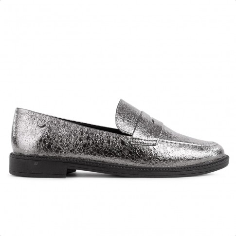 Mocassim Via Uno Craquelado Feminino Prata / Preto
